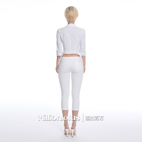 莲的百万 辣妹短款条纹收腰衬衫修身白色弹力小脚七分牛仔裤 - 图0