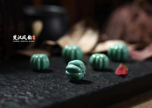 热卖湖北高瓷矿蓝白松石料雕刻南瓜珠多宝文玩顶珠腰珠配珠饰品 - 图1