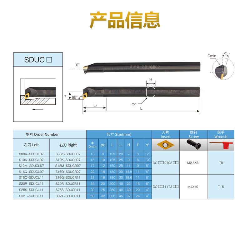 数控车刀刀杆内孔刀S12M/S16Q-SDUCR11/07螺钉式装DCMT11/07刀头 - 图1