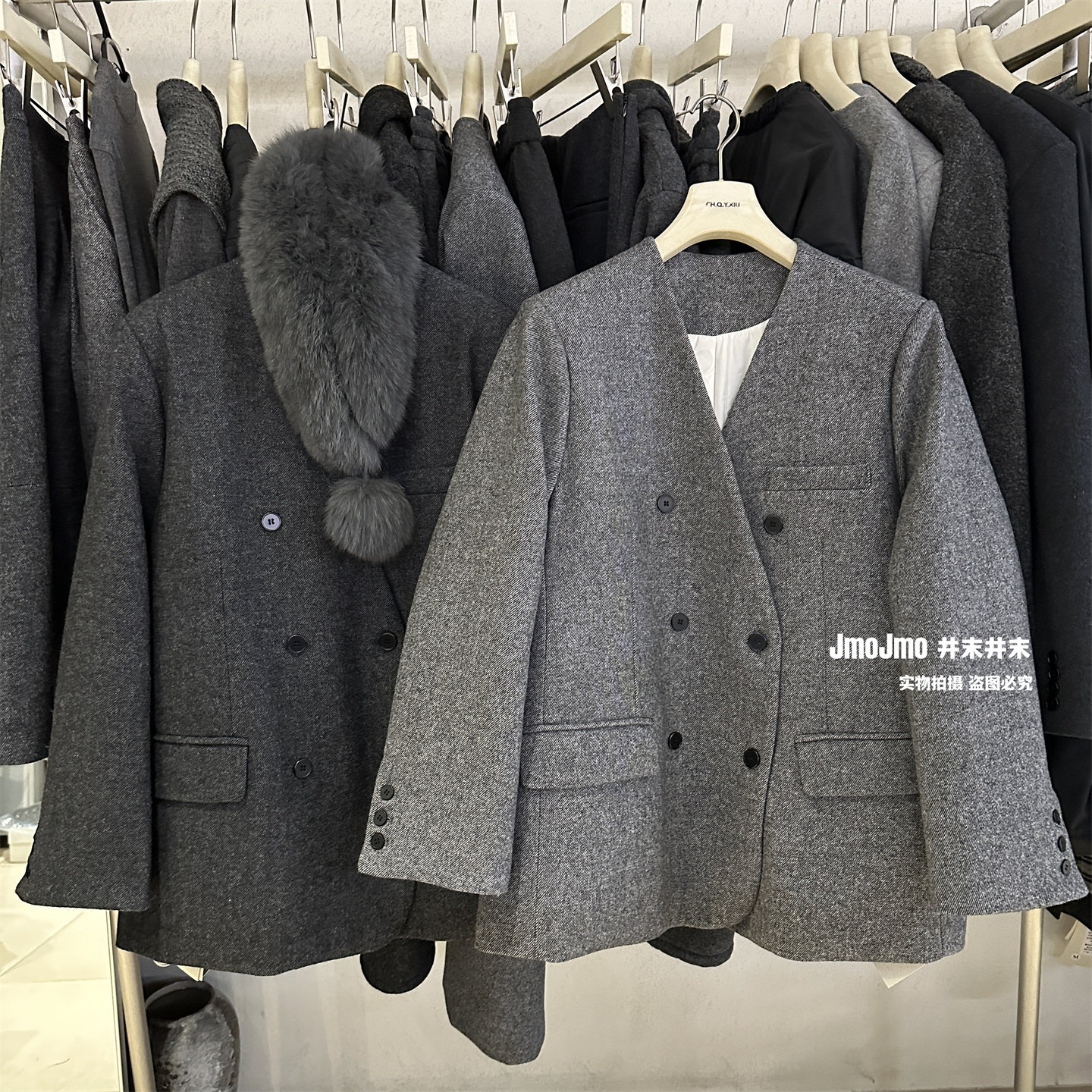 狐狸毛领90白鸭绒含50羊毛双排扣毛呢外套女冬季保暖洋气羽绒西装,淘宝优惠券,粉丝福利购,淘宝优惠卷