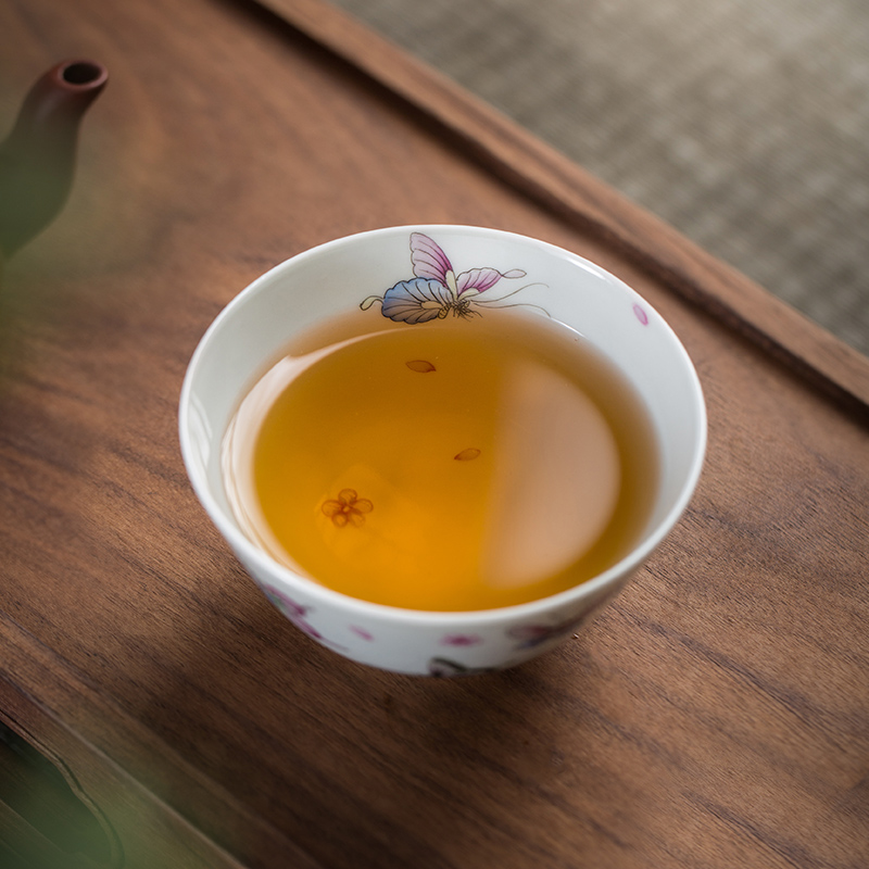 枭窑 景德镇珐琅彩茶具主人杯内画满工蝴蝶单杯手工陶瓷品茗杯 - 图2