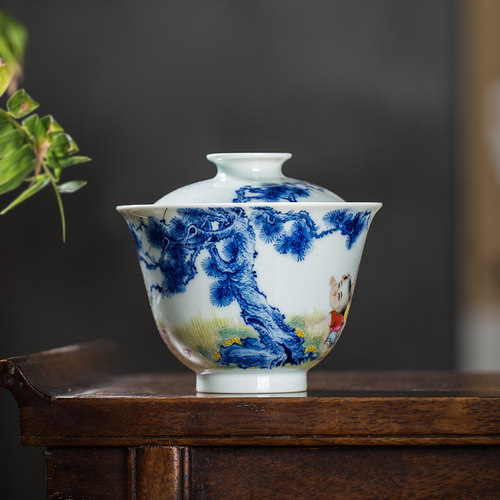 枭窑 景德镇高档茶具全手工手绘青花斗珐琅彩童趣功夫盖碗茶杯 - 图1