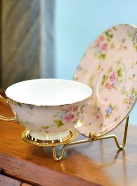 咖啡杯碟架子黄铜雕花茶杯支架托轻奢杯碟收纳架展示架家居摆件