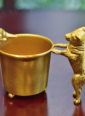 猫狗趣味甜品叉勺收纳筒黄铜收纳罐书桌笔筒家居创意装饰品摆件