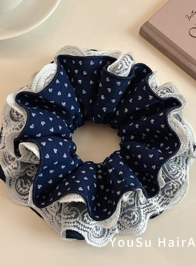 藏蓝小爱心双层蕾丝花边大肠发圈