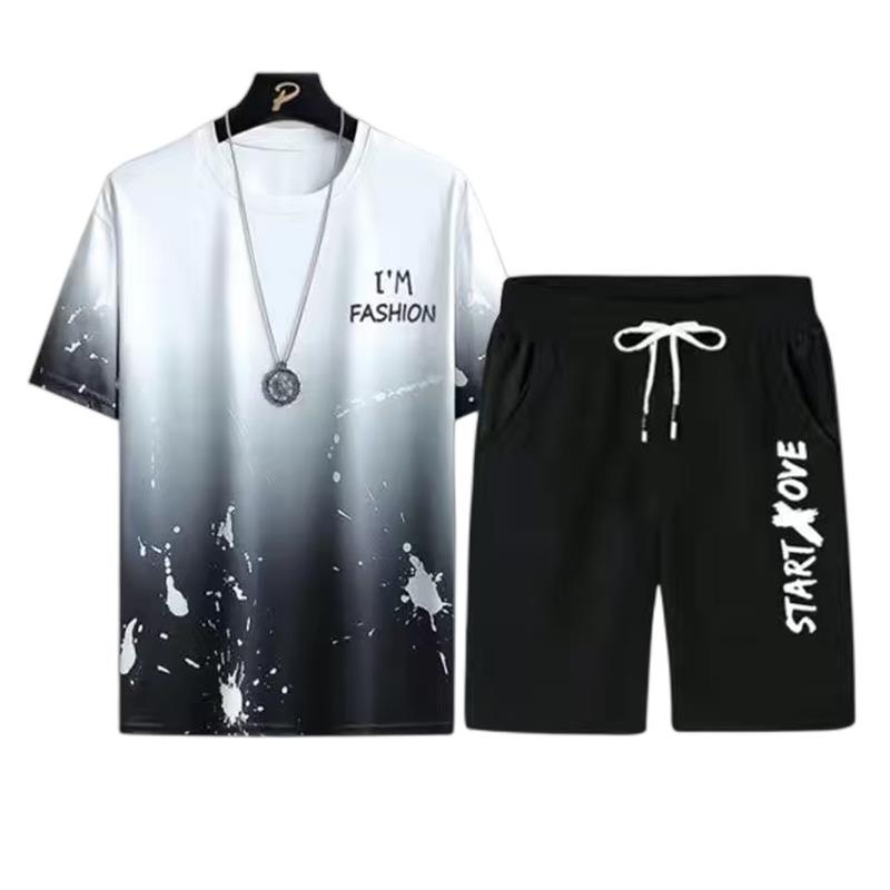 短袖男宽松潮牌夏季冰丝T恤休闲运动套装学生帅气衣服短裤两件套