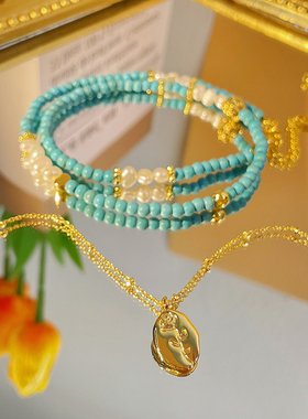 天然绿松石串珠链女士叠戴项链