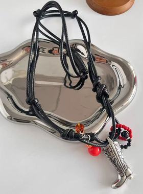 新款复古西部靴子项链女小众个性时尚百搭吊坠漫游编绳串珠毛衣