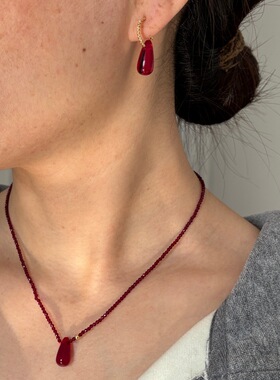 波光粼粼水滴项链耳环安克拉红串珠甜酷辣妹风时髦百搭小众锁骨链