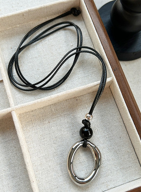 简约蜡绳圆环长项链椭圆镂空吊坠