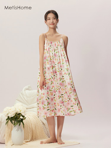 19姆米真丝睡裙女夏性感家居服品质丝绸宽松吊带原创印花连衣裙 - 图0