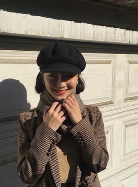 鸭舌帽女黑色八角帽羊毛呢百搭