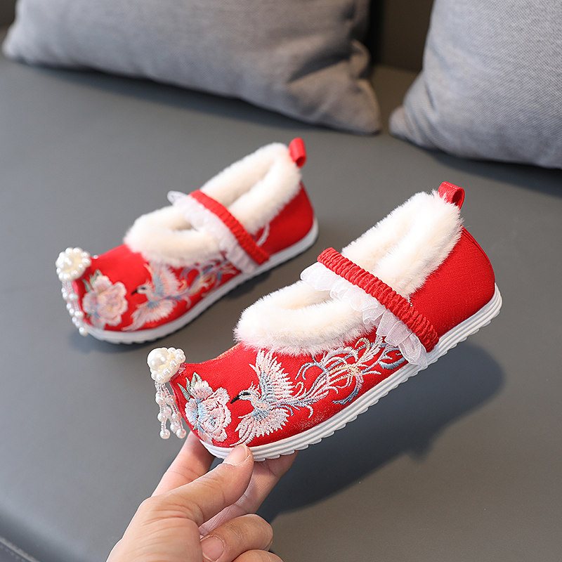 冬季新款加绒儿童汉服鞋子女童翘头绣花鞋宝宝唐装古风古装鞋棉鞋,淘宝优惠券,粉丝福利购,淘宝优惠卷