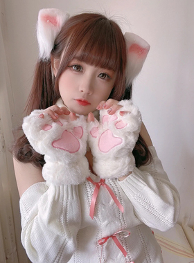可爱ins猫爪手套女冬季韩版骑车学生防寒加厚加绒保暖露半指手套