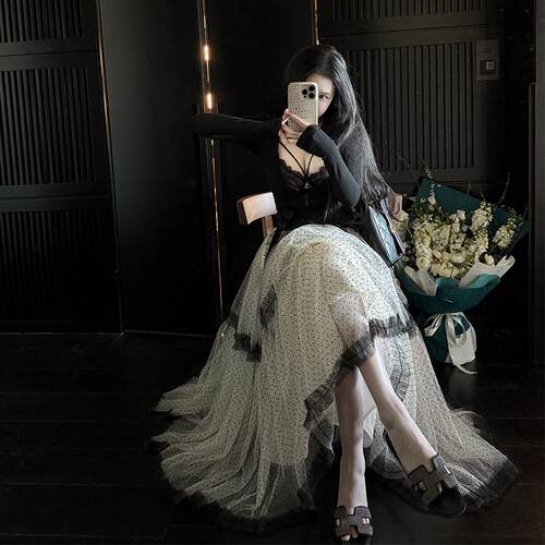 MISS CHANGE【韩女氛围】15米耗料高密网纱植绒点木耳蓬蓬半身裙 - 图3