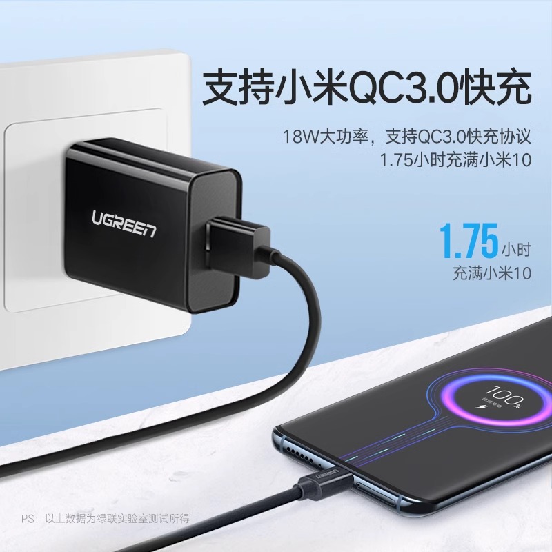 绿联qc3.0充电器18w快充头适用于小米红米vivo三星oppo手机14note20p数据线套装9v2a安卓闪充USB通用5v3a插头 - 图0