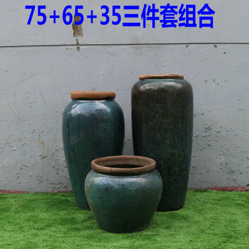 热销蓝色中式陶罐土陶花瓶景观大花盆摆件落地式组合陶瓷花缸花坛 - 图1