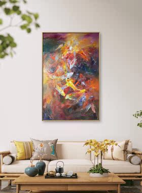 天津鼓楼艺术馆学仕文化作者谢晋伟锦鲤油画80*120㎝玄关风水挂画