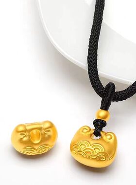 越南沙金小胖福金坨坨吊坠 铜镀金猫耳朵祥云平安锁挂坠项链现货