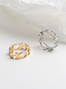 气质简约欧美时尚英文字母CH镂空女戒指潮酷个性小众食指关节指环