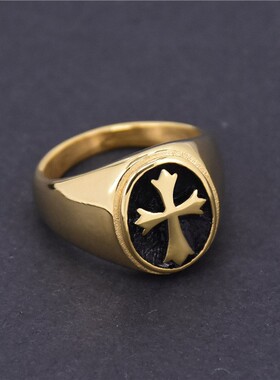 钛钢复古潮流克罗十字架图案简约不锈钢男女戒指指环金色古法工艺