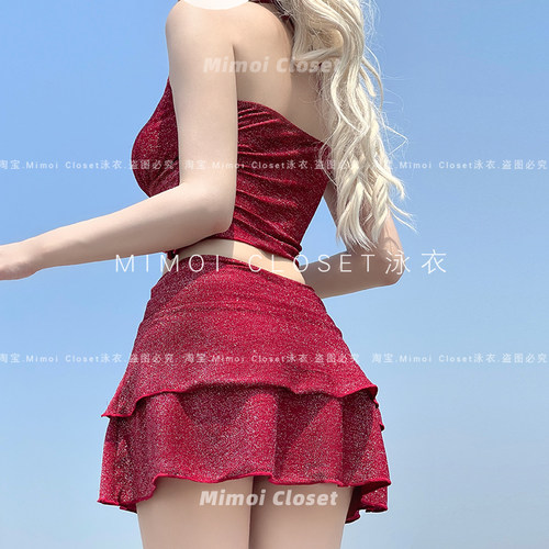 Mimoi Closet新款复古玫瑰酒红绝美辣妹性感纯欲分体游泳衣女款 - 图3