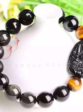 天然黑曜石文殊菩萨生肖兔手串