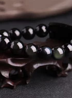 天然黑曜石三合贵人生肖属兔手串