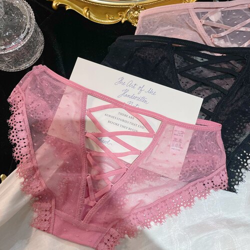 新款辣妹背后交叉绑带诱惑性感网纱内裤女士蕾丝花边纯欲蜜桃粉 - 图2