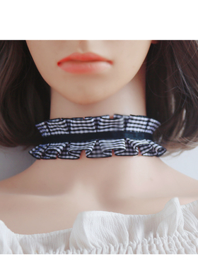 布艺格子花褶颈带项圈子不含金属