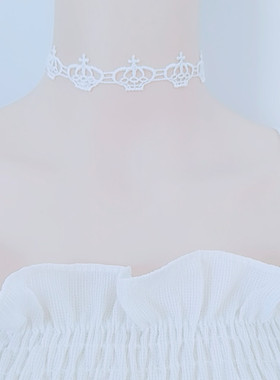 choker白色蕾丝系带皇冠造型项链