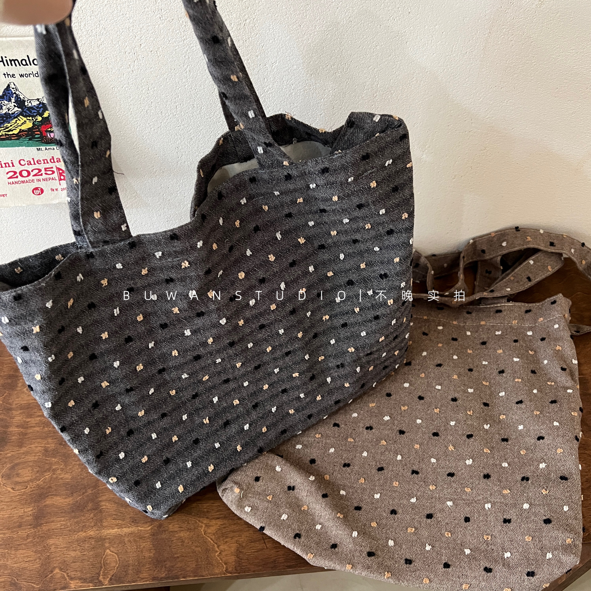 日杂森系丨亚麻提花波点复古日系单肩斜挎包可手提大容量托特包 - 图1