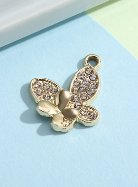 光面双蝴蝶配饰挂件吊坠镶钻合金饰品配件diy手链服饰钥匙扣材料