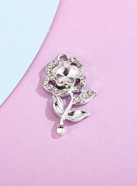 玫瑰花配饰挂件小吊坠彩色玻璃水晶镶钻合金饰品配件diy手链服饰