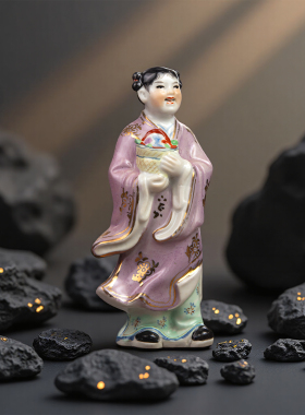 景德镇老厂货瓷器567外销创汇瓷红色收藏摆设雕塑瓷厂八仙蓝采和