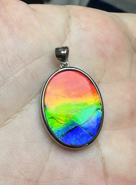 加拿大天然斑彩石 七彩斑彩石 水晶覆膜 925银项链吊坠 李居明