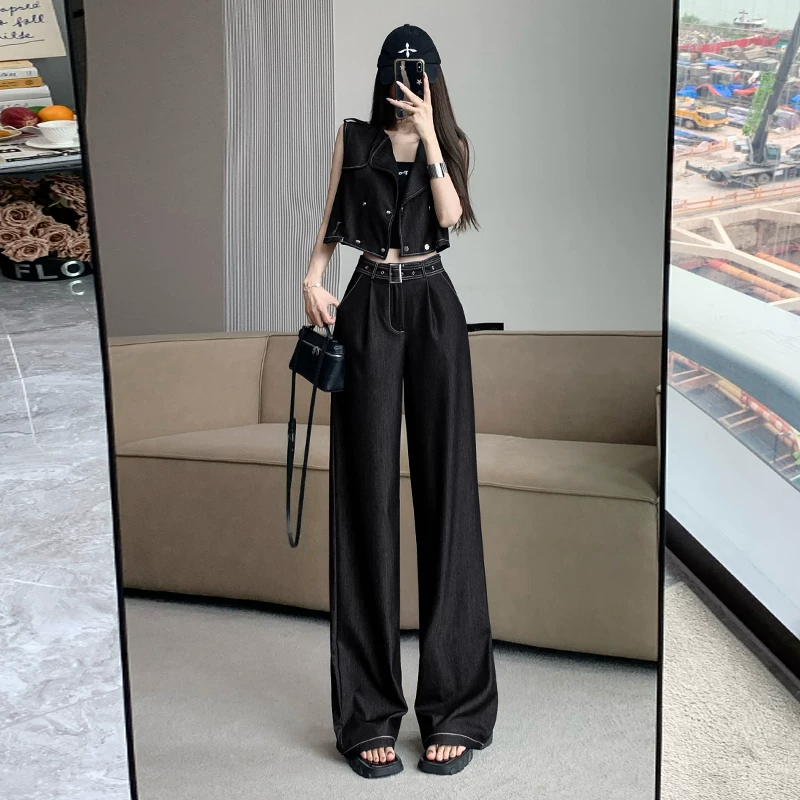 Модный джинсовый жилет, летние брюки, комплект, стиль Chanel, высокая талия