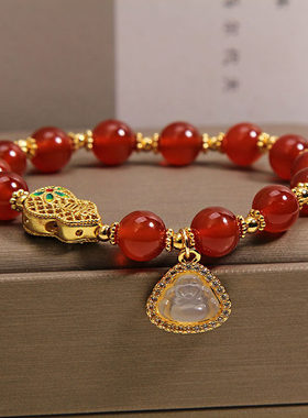天然红玛瑙手链女轻奢小众转运珠葫芦白玉佛公本命年红色水晶手串