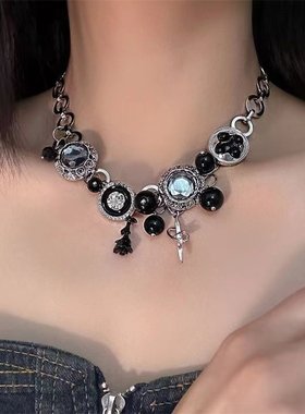 黑色回忆纽扣星星项链重工辣妹