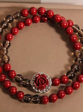 双圈天然安哥拉红贝珠水晶手链女款轻奢小众紫金砂花朵手串送闺蜜