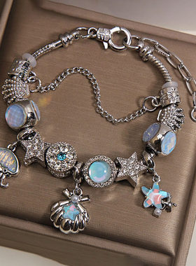 小众轻奢蓝色琉璃珠海洋主题吊坠手链精致设计感潘家风格复古手串