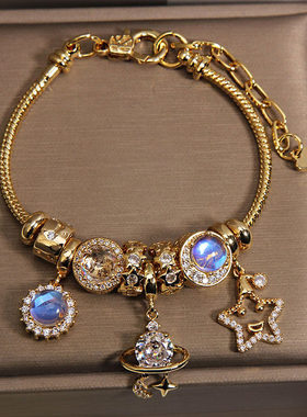 星空蓝钻潘家风格手链女鎏金星月串珠小众轻奢高级感手串手饰礼物