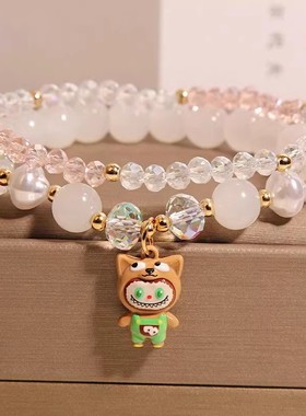 双圈小清新天蓝色labubu儿童手链女款水晶手链叠戴手串送闺蜜礼物