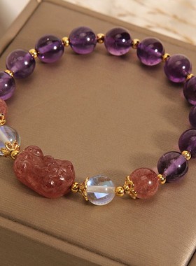 天然草莓晶貔貅手链女小众设计