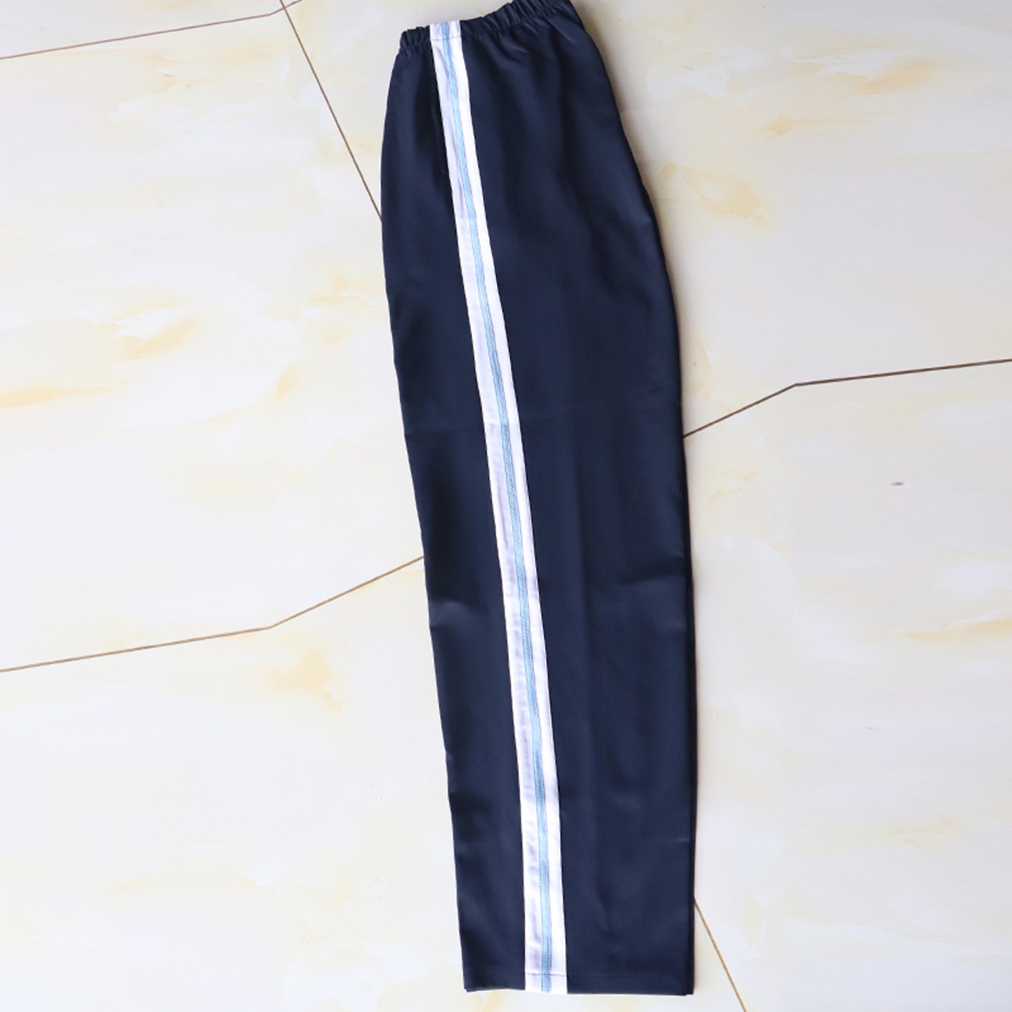 藏蓝直口学生校服裤子拼白色宽杠上压一道浅蓝杠四季款校裤可定制 - 图0