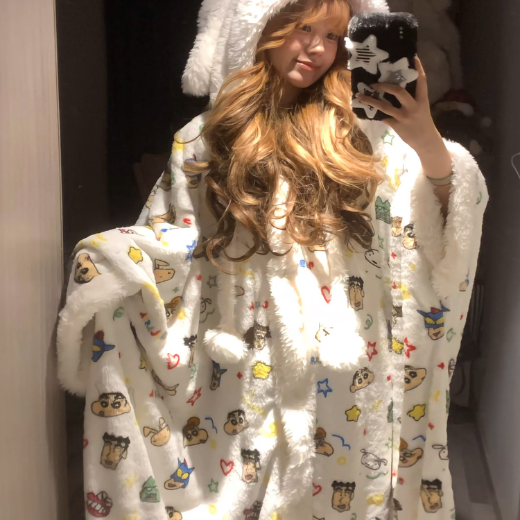 加厚!2025新款蜡笔小新连帽珊瑚绒睡袍女冬加绒睡衣法兰绒家居服