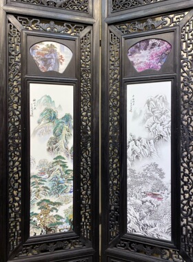 松茂作品红木透雕镶粉彩山水开窗四折叠屏风名家手绘落地大屏风