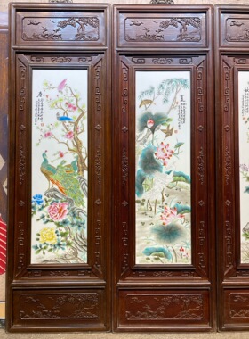 刘雨笒作品精品红木镶瓷板画粉彩花鸟春夏秋冬四条挂屏手绘陶瓷画