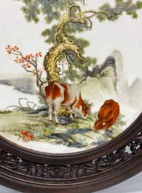 毕渊明作品鸡翅木镶瓷板画粉彩动物舔犊情深挂屏景德镇手绘陶瓷画