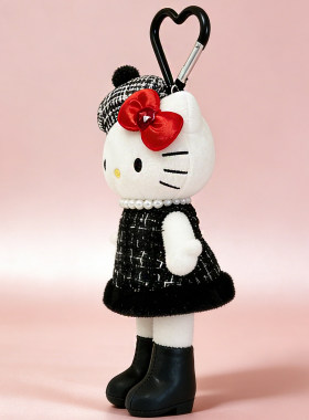 日本官方正品正版长腿kitty包包挂件黑皮毛绒公仔玩偶挂饰礼物